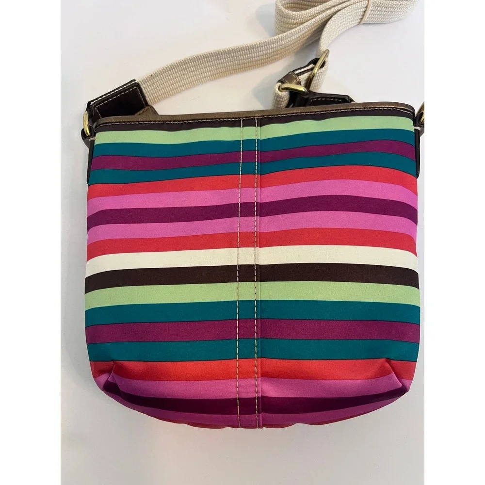 Coach Multi Color Striped Satin Crossbody Bag Bronze Leather Trim 1941 Brass